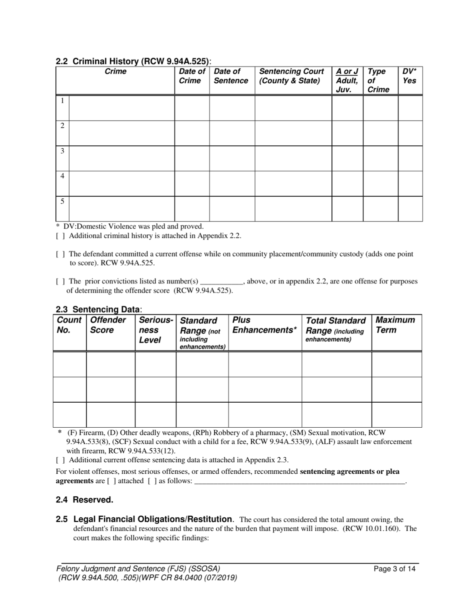 Form WPF CR84.0400 SOSA Felony Judgment and Sentence - Special Sex Offender Sentencing Alternative - Washington, Page 3