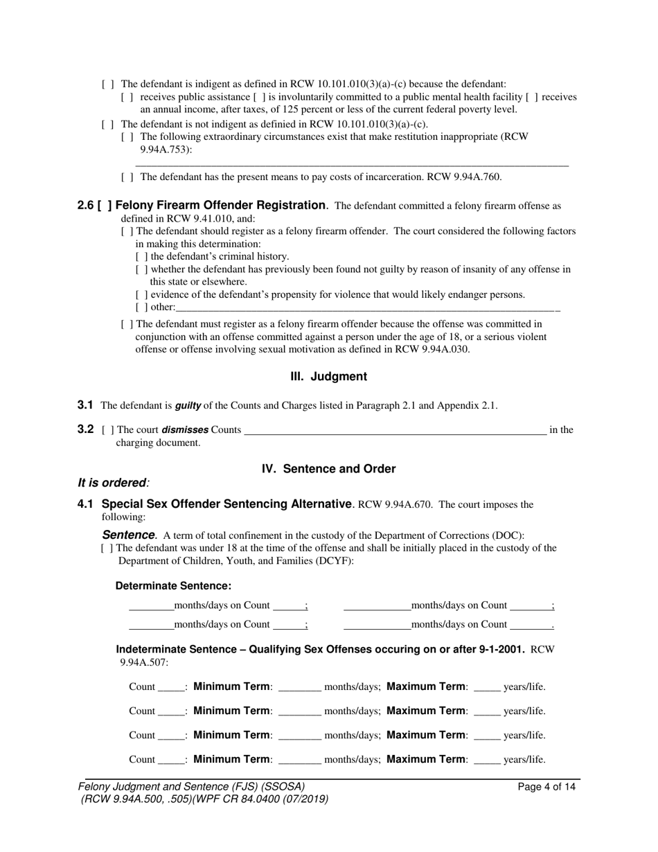 Form WPF CR84.0400 SOSA Felony Judgment and Sentence - Special Sex Offender Sentencing Alternative - Washington, Page 4