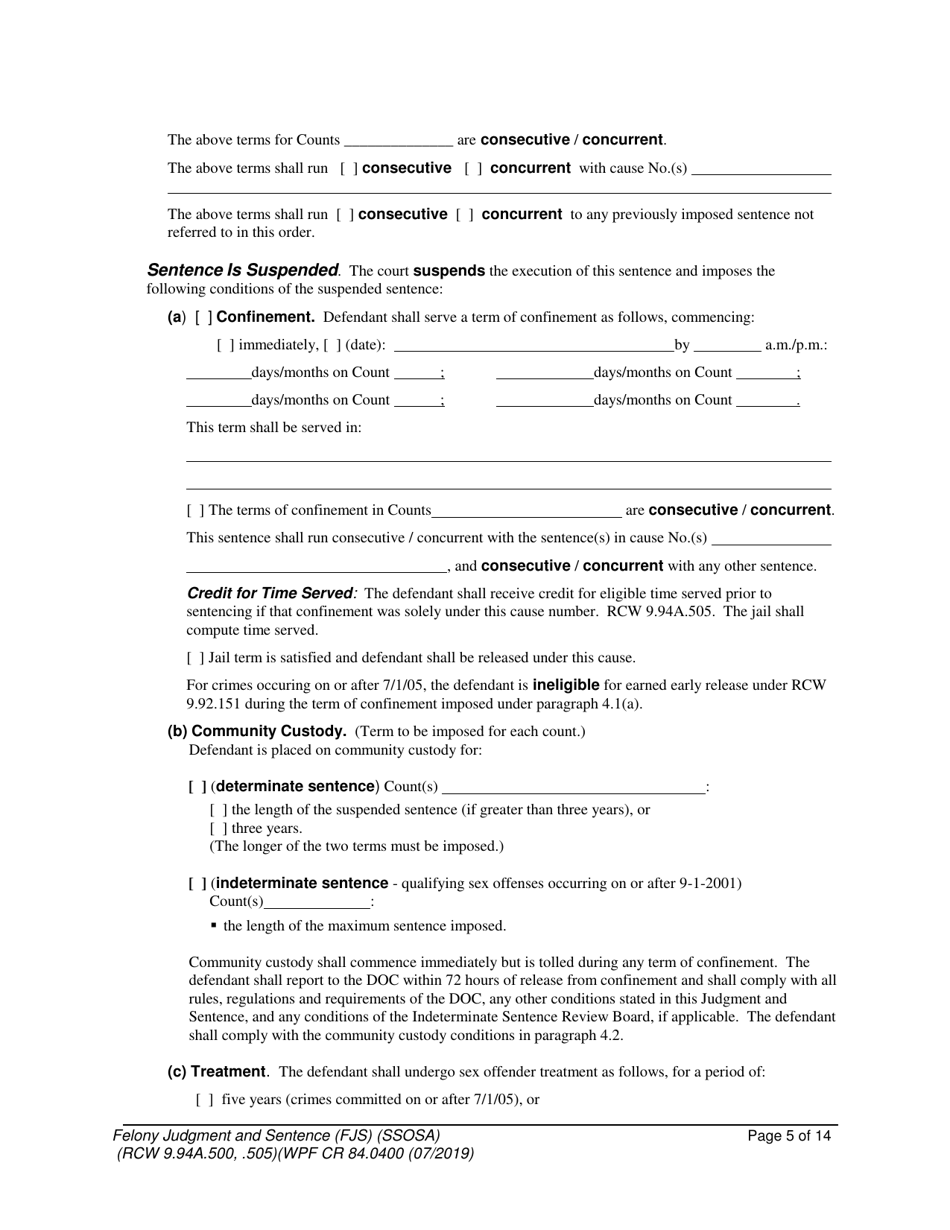 Form WPF CR84.0400 SOSA Felony Judgment and Sentence - Special Sex Offender Sentencing Alternative - Washington, Page 5