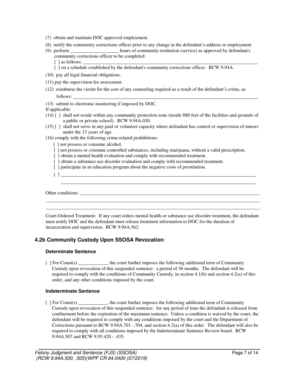 Form WPF CR84.0400 SOSA Felony Judgment and Sentence - Special Sex Offender Sentencing Alternative - Washington, Page 7