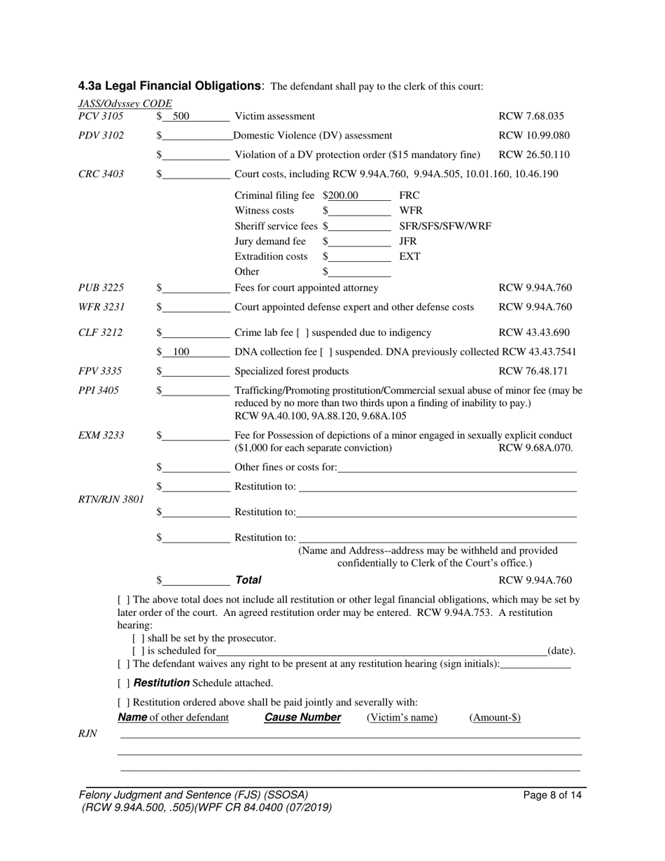 Form WPF CR84.0400 SOSA Felony Judgment and Sentence - Special Sex Offender Sentencing Alternative - Washington, Page 8