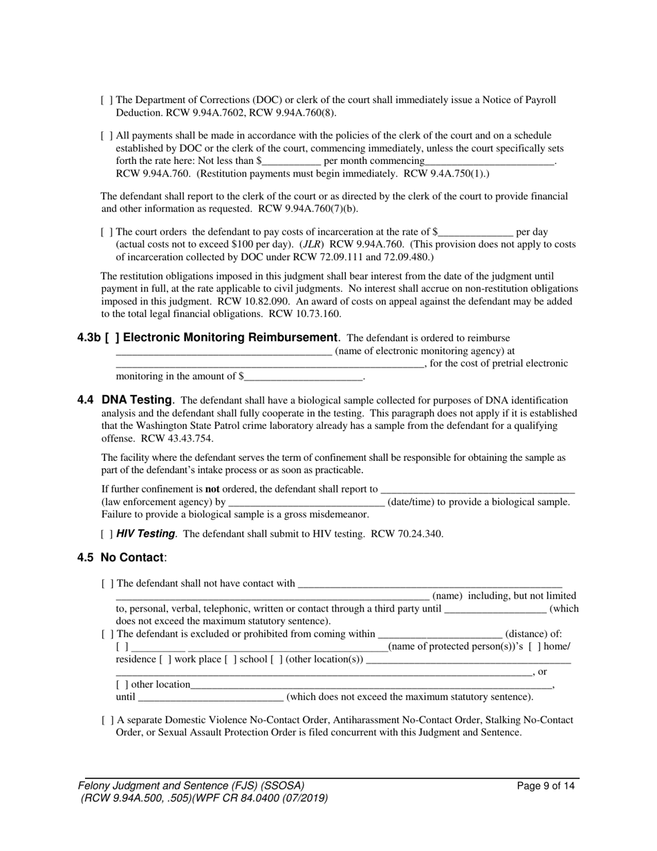 Form WPF CR84.0400 SOSA Felony Judgment and Sentence - Special Sex Offender Sentencing Alternative - Washington, Page 9