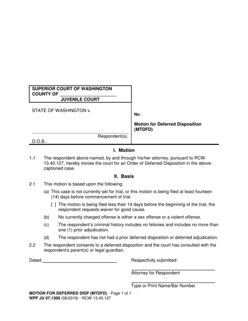Form WPF JU07.1300 Motion for Deferred Disposition (Mtdfd) - Washington