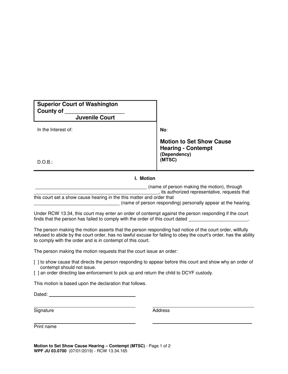Form WPF JU03.0700 Motion to Set Show Cause Hearing - Contempt (Dependency) (Mtsc) - Washington, Page 1
