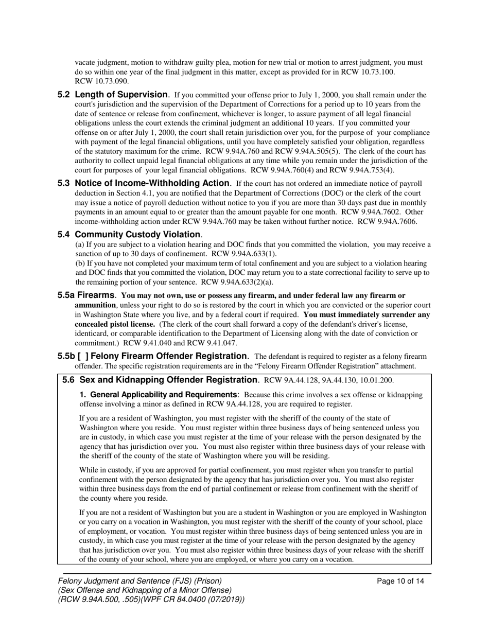 Form WPF CR84.0400 PSKO Felony Judgment and Sentence - Prison (Sex Offense and Kidnapping of a Minor) - Washington, Page 10