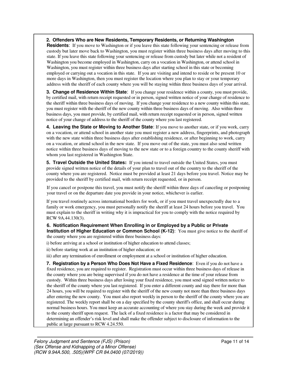Form WPF CR84.0400 PSKO Felony Judgment and Sentence - Prison (Sex Offense and Kidnapping of a Minor) - Washington, Page 11