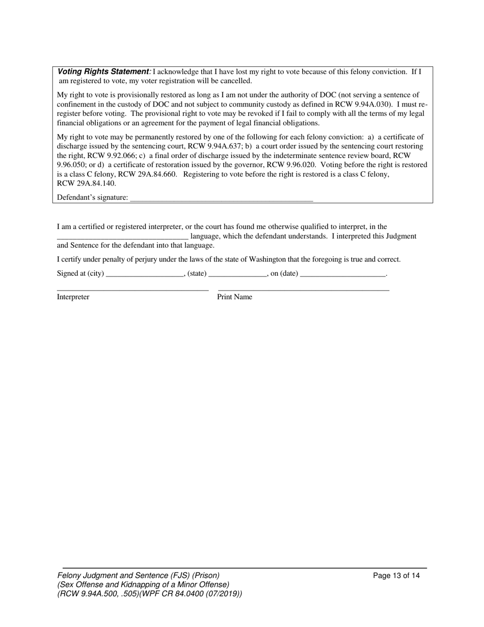 Form WPF CR84.0400 PSKO Felony Judgment and Sentence - Prison (Sex Offense and Kidnapping of a Minor) - Washington, Page 13