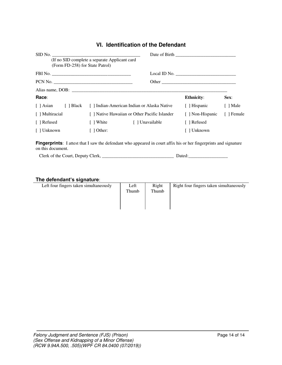 Form WPF CR84.0400 PSKO Felony Judgment and Sentence - Prison (Sex Offense and Kidnapping of a Minor) - Washington, Page 14