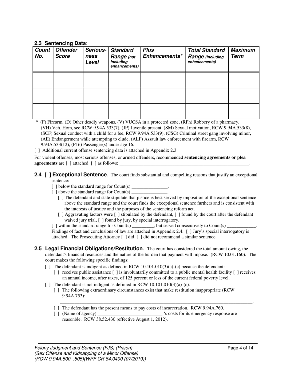 Form WPF CR84.0400 PSKO Felony Judgment and Sentence - Prison (Sex Offense and Kidnapping of a Minor) - Washington, Page 4