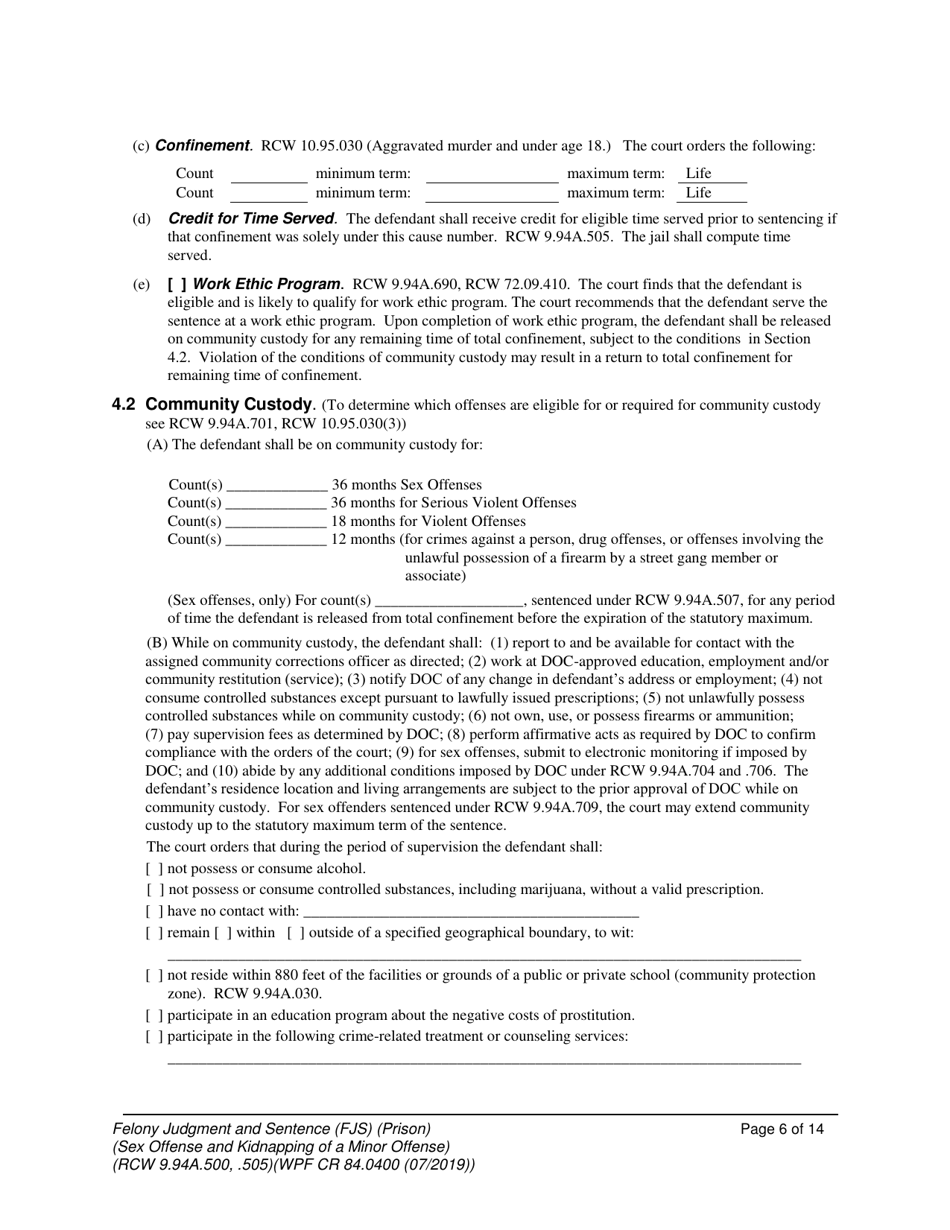 Form WPF CR84.0400 PSKO Felony Judgment and Sentence - Prison (Sex Offense and Kidnapping of a Minor) - Washington, Page 6