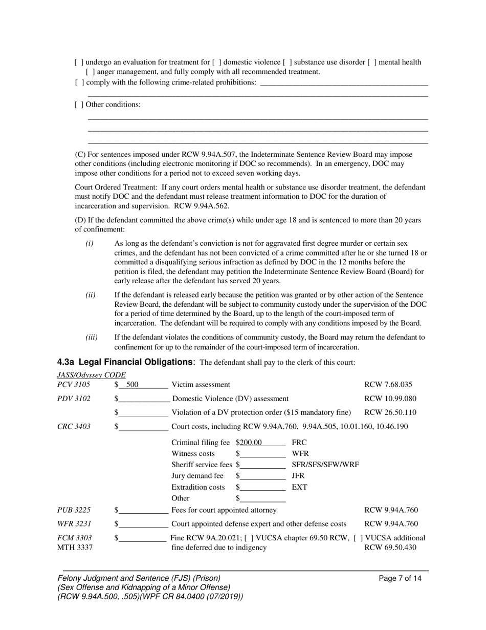 Form WPF CR84.0400 PSKO Felony Judgment and Sentence - Prison (Sex Offense and Kidnapping of a Minor) - Washington, Page 7