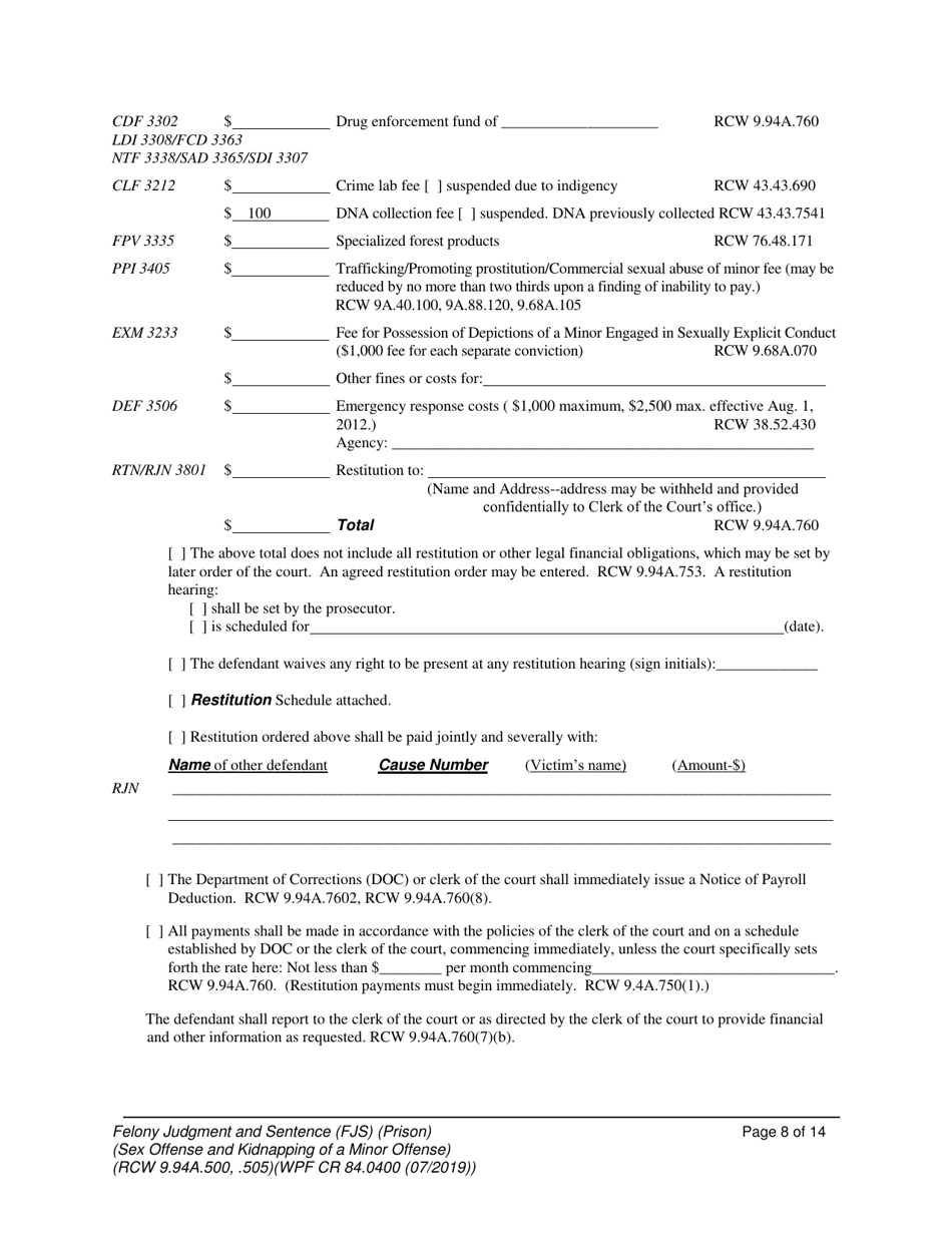 Form WPF CR84.0400 PSKO Felony Judgment and Sentence - Prison (Sex Offense and Kidnapping of a Minor) - Washington, Page 8