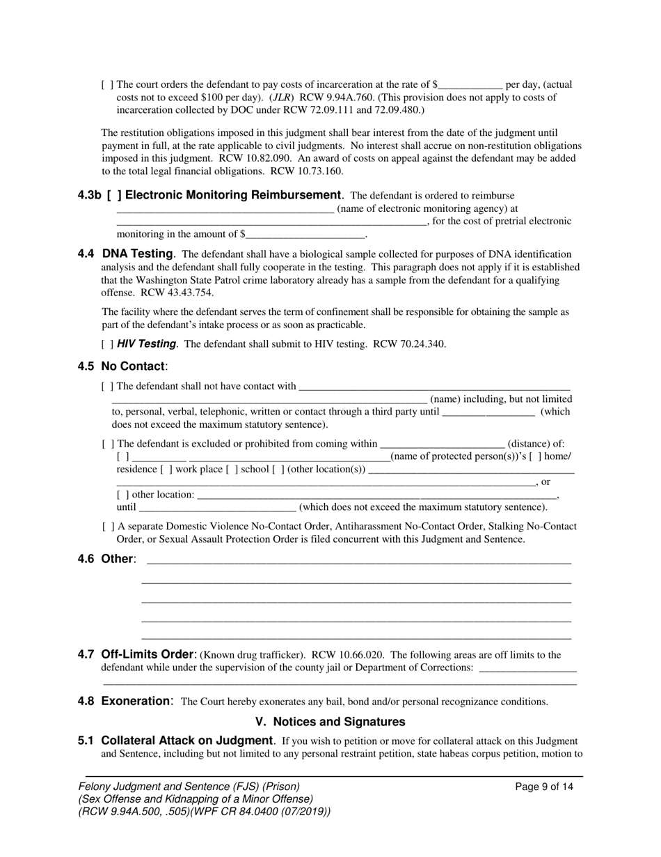 Form WPF CR84.0400 PSKO Felony Judgment and Sentence - Prison (Sex Offense and Kidnapping of a Minor) - Washington, Page 9