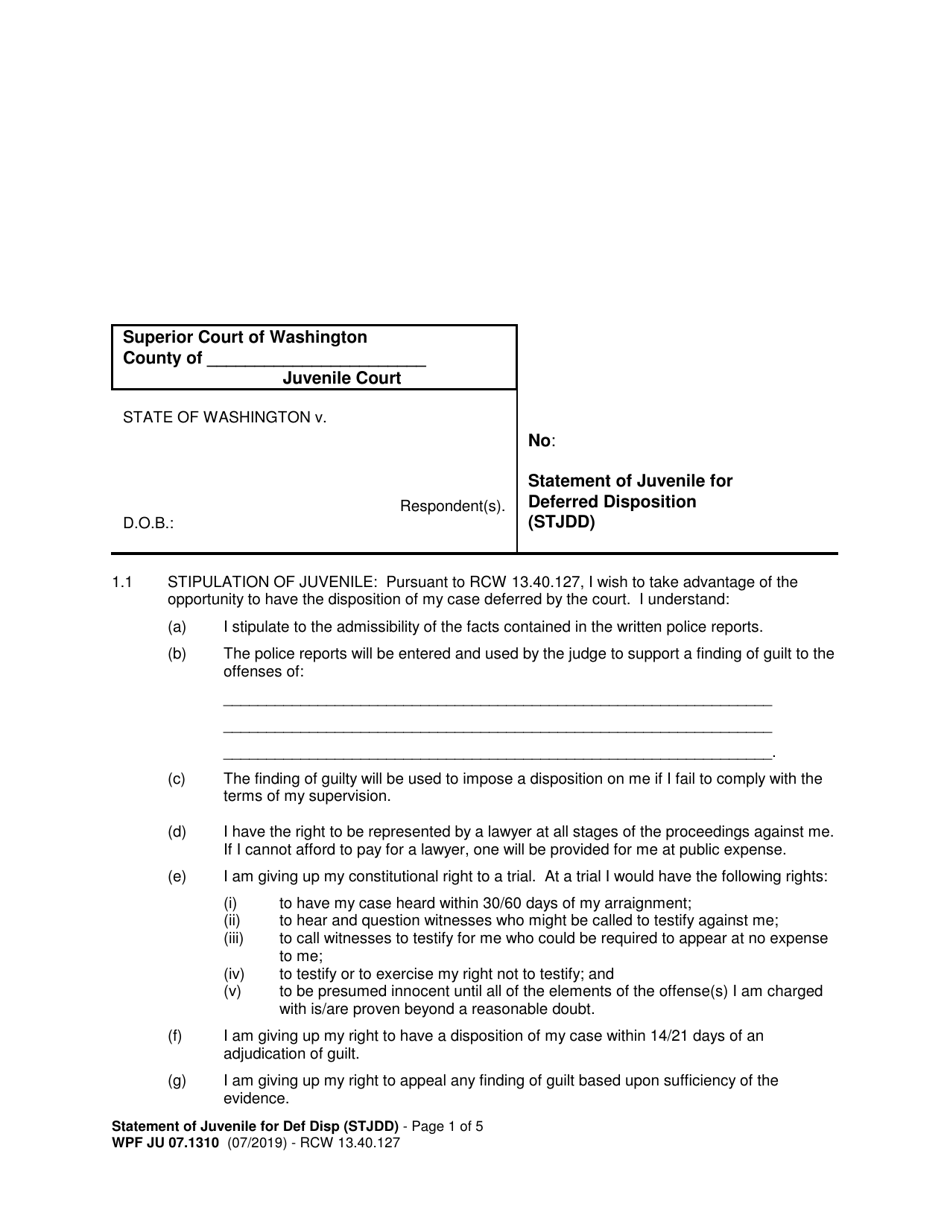 Form WPF JU07.1310 Statement of Juvenile for Deferred Disposition (Stjdd) - Washington, Page 1