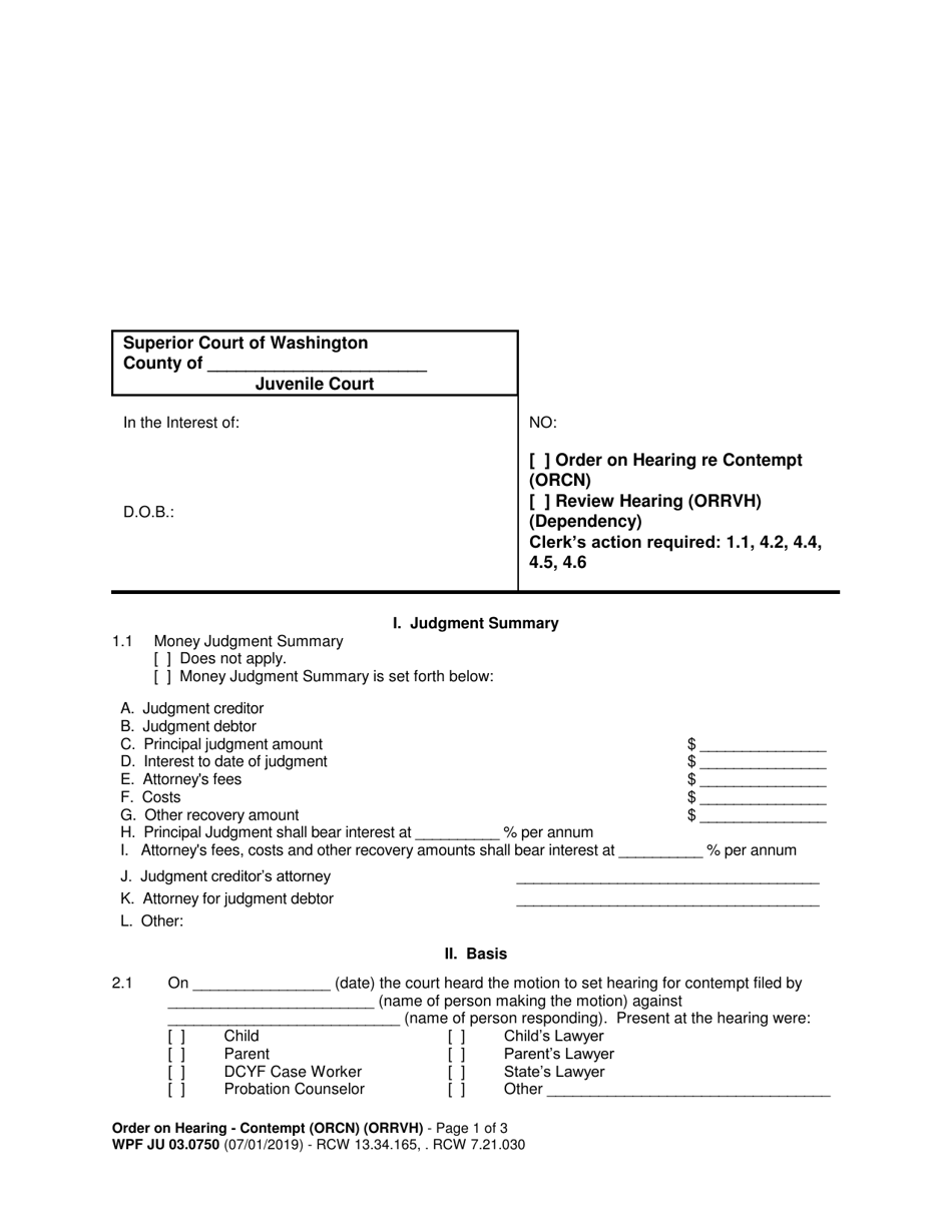 Form WPF JU03.0750 Order on Hearing Re Contempt (Orcn) / Review Hearing (Orrvh) (Dependency) - Washington, Page 1