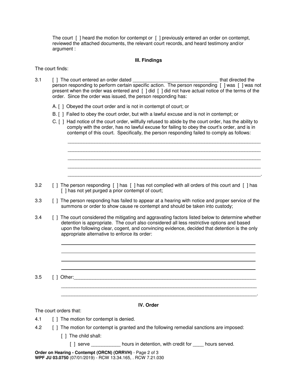 Form WPF JU03.0750 Order on Hearing Re Contempt (Orcn) / Review Hearing (Orrvh) (Dependency) - Washington, Page 2