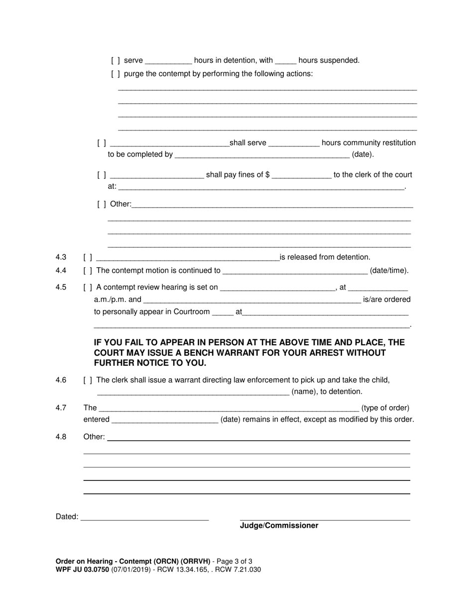 Form WPF JU03.0750 Order on Hearing Re Contempt (Orcn) / Review Hearing (Orrvh) (Dependency) - Washington, Page 3