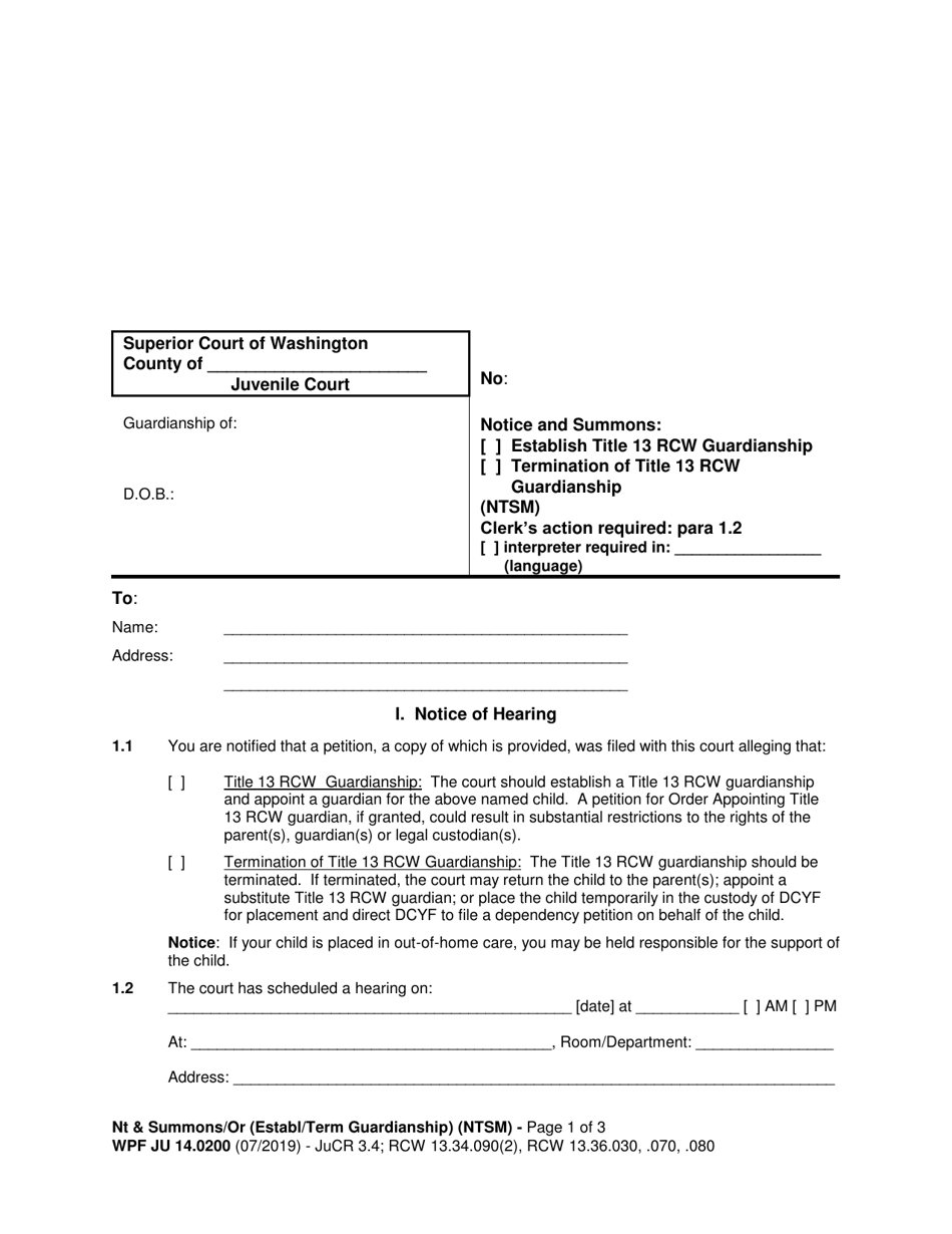 Form WPF JU14.0200 Notice and Summons (Ntsm) - Washington, Page 1