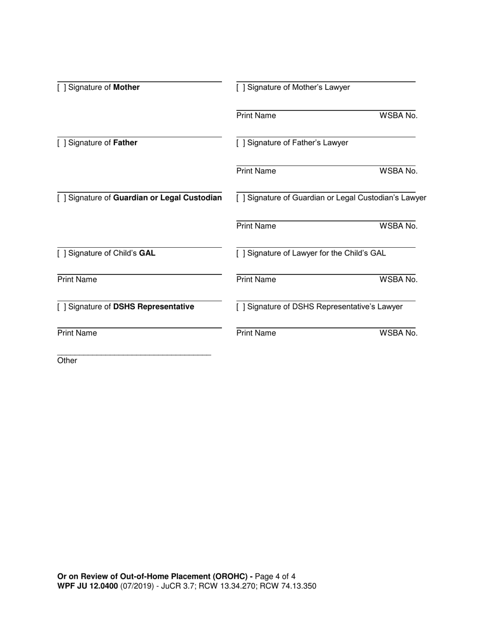 Form WPF JU12.0400 Order on Review of out-Of-Home Placement (Orohc) - Washington, Page 4