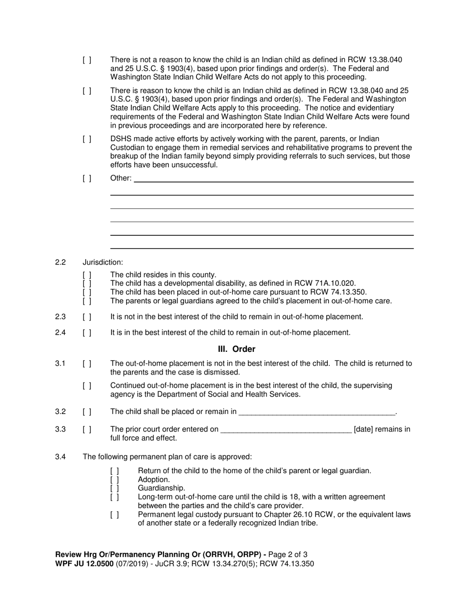 Form WPF JU12.0500 Review Hearing Order (Orrvh) / Permanency Planning Hearing (Orpp) - Washington, Page 2