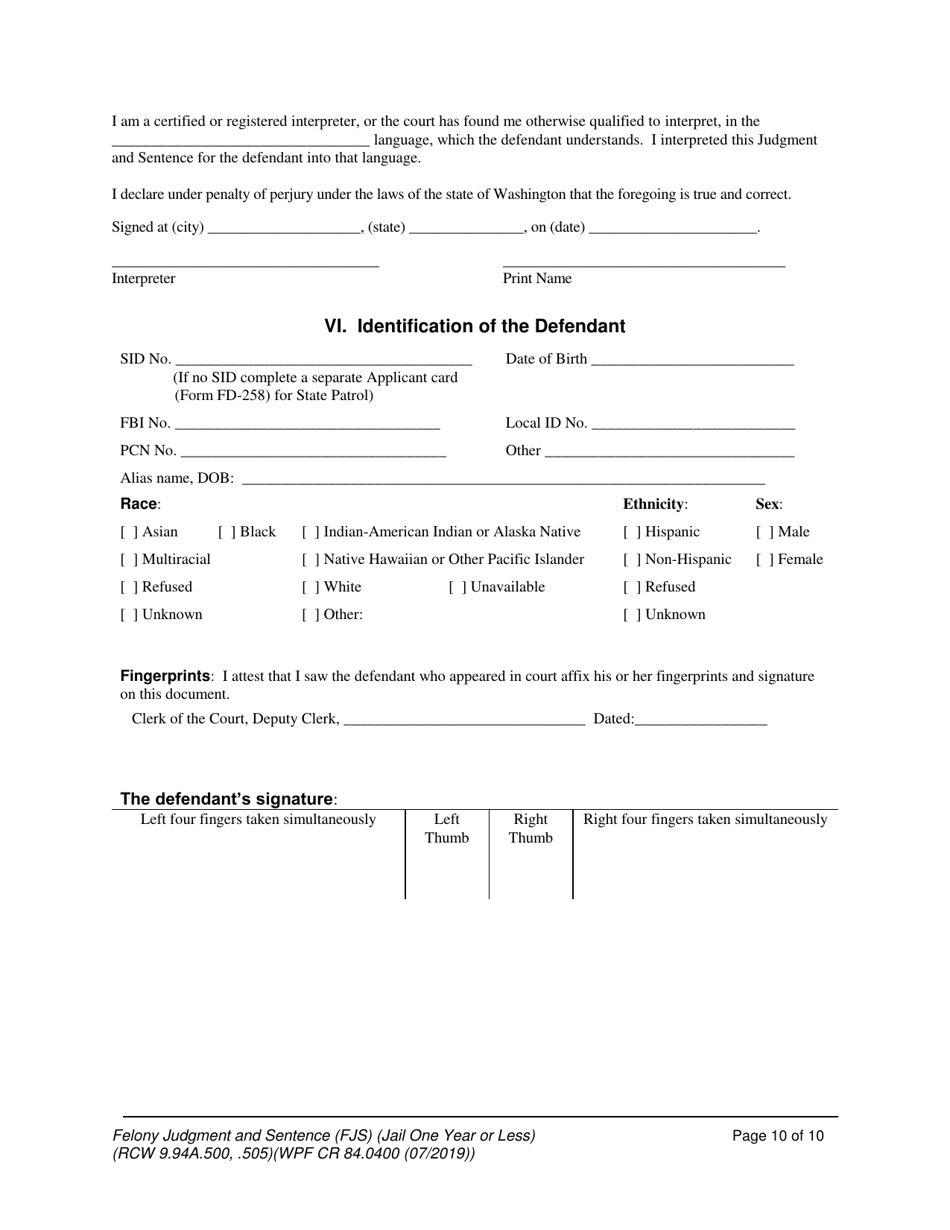 Form WPF CR84.0400 J Felony Judgment and Sentence - Jail One Year or Less (Fjs) - Washington, Page 10