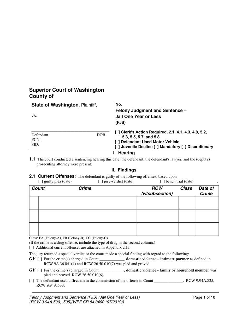 Form WPF CR84.0400 J Felony Judgment and Sentence - Jail One Year or Less (Fjs) - Washington, Page 1