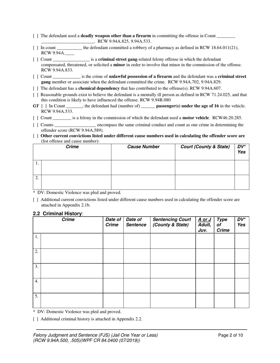 Form WPF CR84.0400 J Felony Judgment and Sentence - Jail One Year or Less (Fjs) - Washington, Page 2