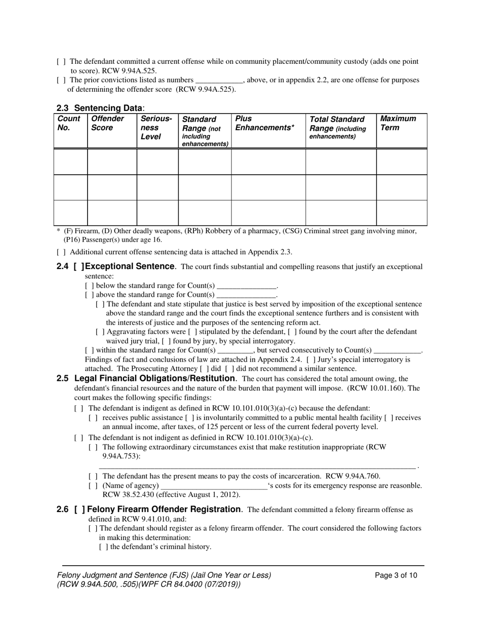 Form WPF CR84.0400 J Felony Judgment and Sentence - Jail One Year or Less (Fjs) - Washington, Page 3