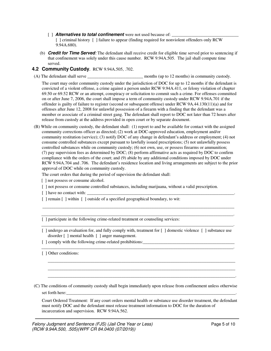 Form WPF CR84.0400 J Felony Judgment and Sentence - Jail One Year or Less (Fjs) - Washington, Page 5