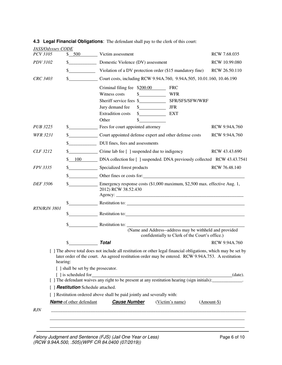 Form WPF CR84.0400 J Felony Judgment and Sentence - Jail One Year or Less (Fjs) - Washington, Page 6