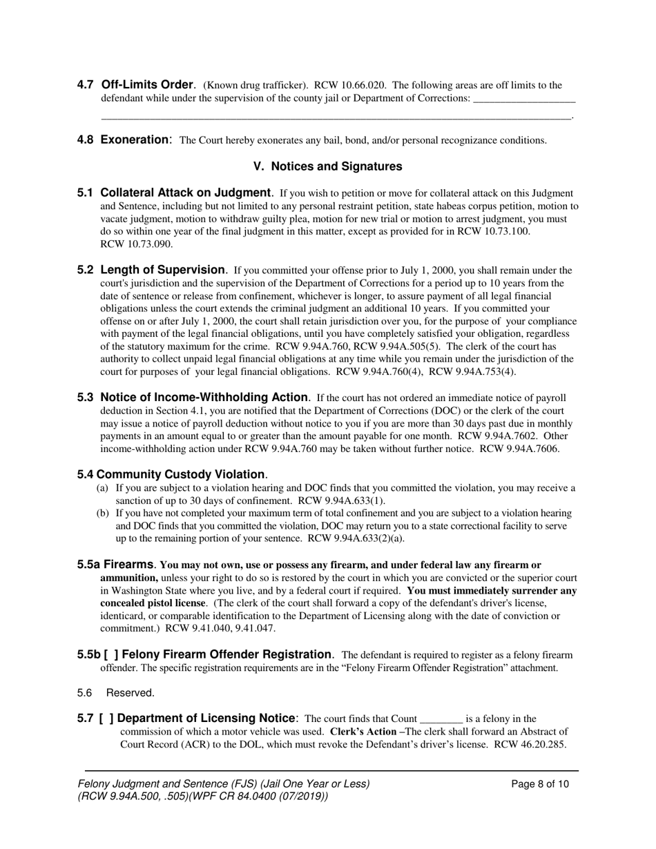 Form WPF CR84.0400 J Felony Judgment and Sentence - Jail One Year or Less (Fjs) - Washington, Page 8