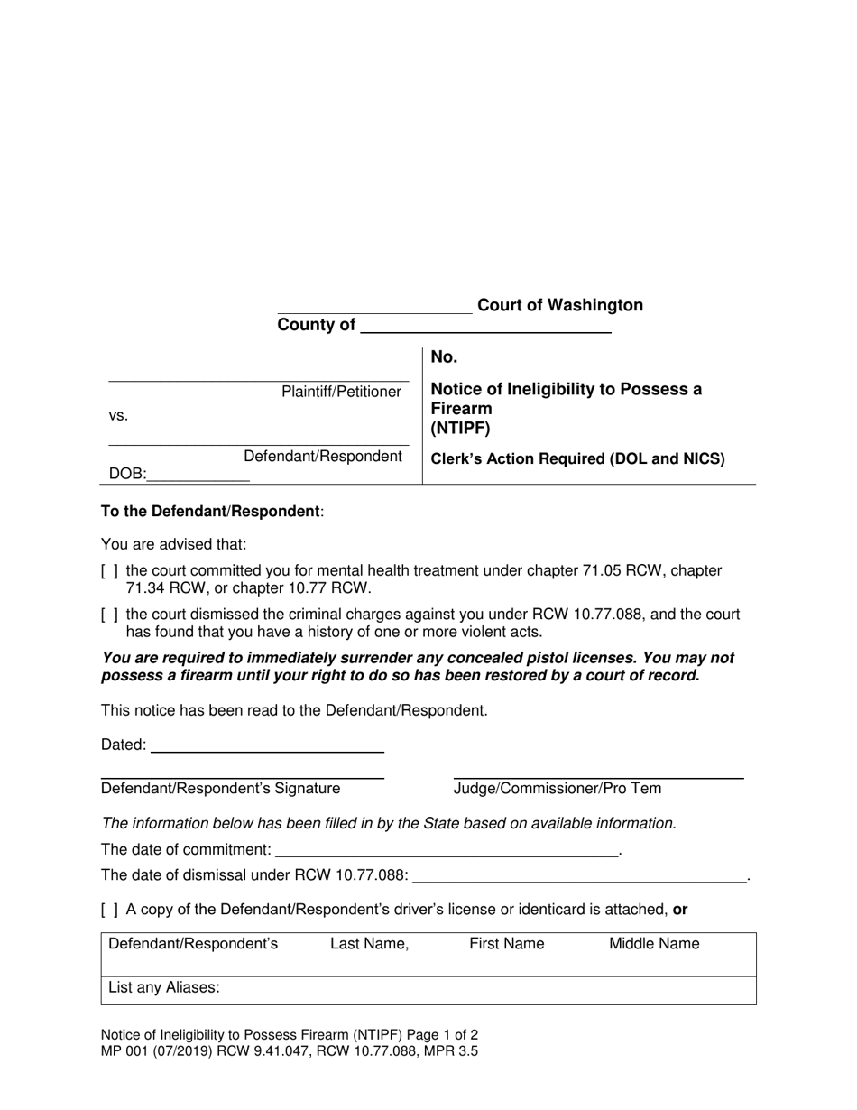 Form MP001 Notice of Ineligibility to Possess a Firearm - Washington, Page 1