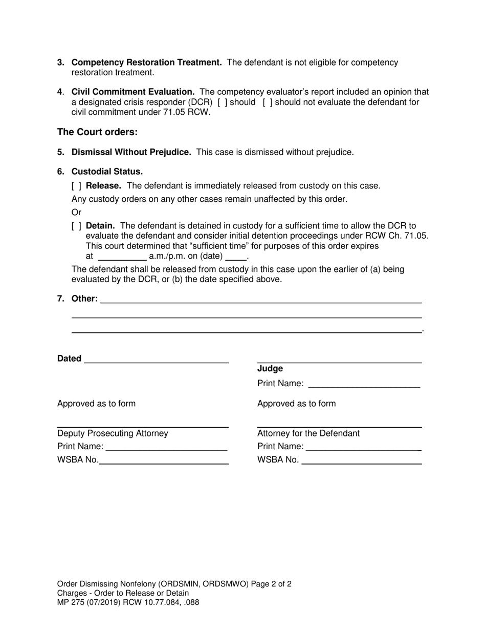 Form MP275 Order Dismissing Nonserious Nonfelony Charges - Order to Release or Detain - Washington, Page 2