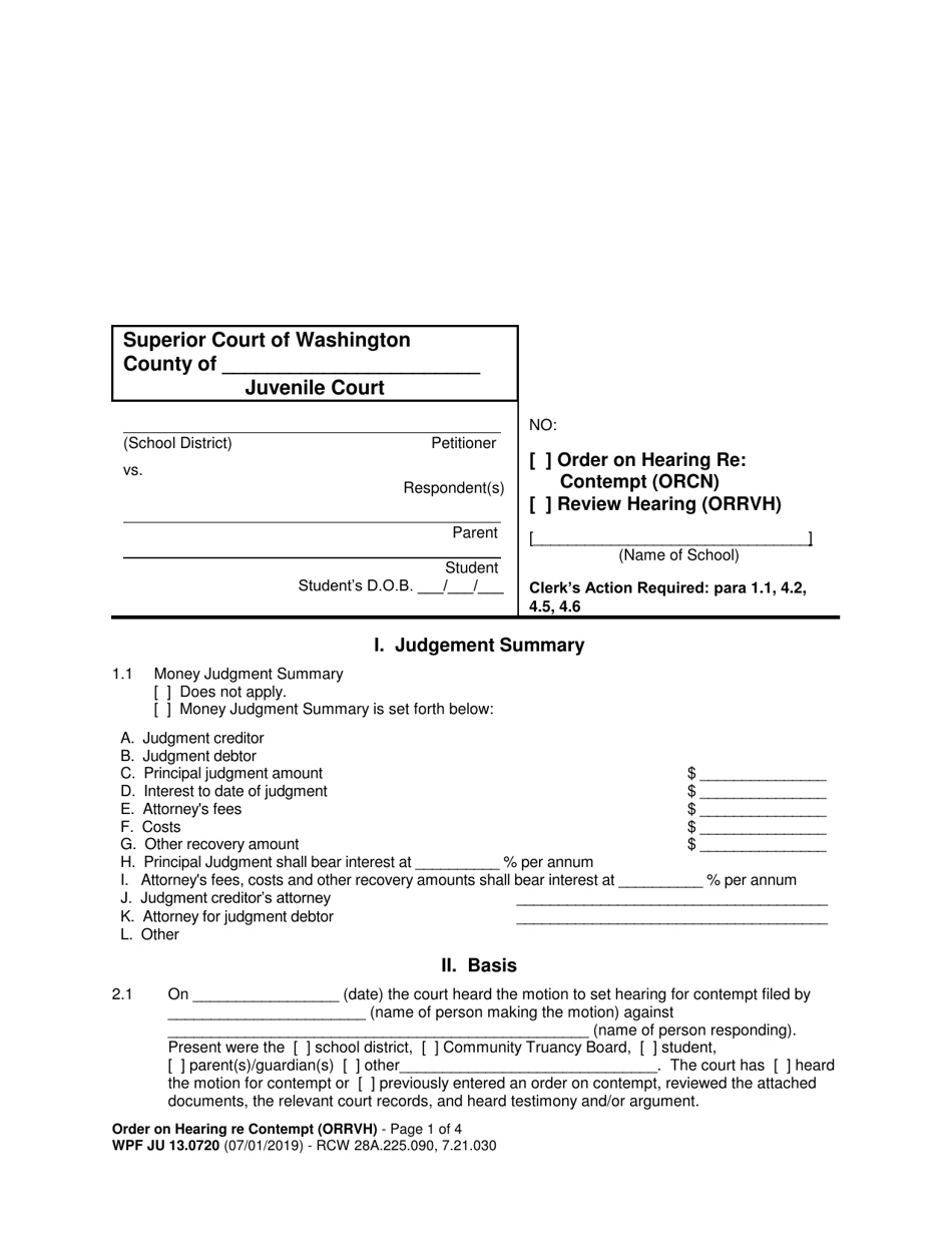 Form WPF JU13.0720 Order on Hearing Re: Contempt (Orcn) / Review Hearing (Orrvh) - Washington, Page 1