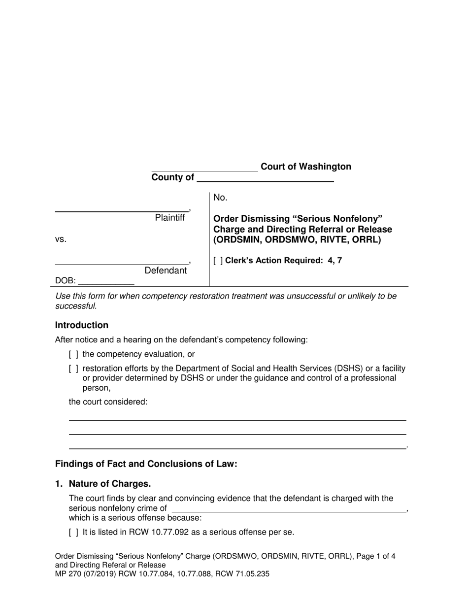 Form MP270 Order Dismissing serious Nonfelony Charge and Directing Referral or Release - Washington, Page 1