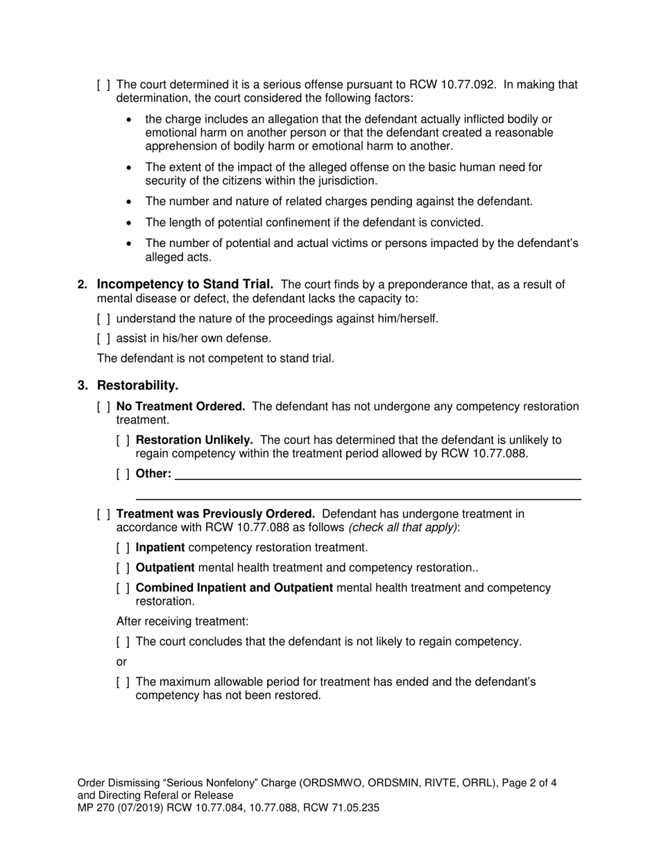 Form MP270 Order Dismissing serious Nonfelony Charge and Directing Referral or Release - Washington, Page 2