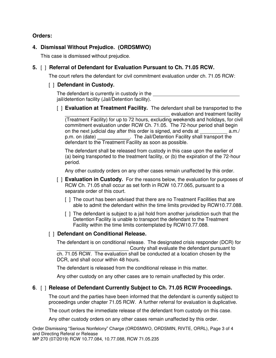 Form MP270 Order Dismissing serious Nonfelony Charge and Directing Referral or Release - Washington, Page 3