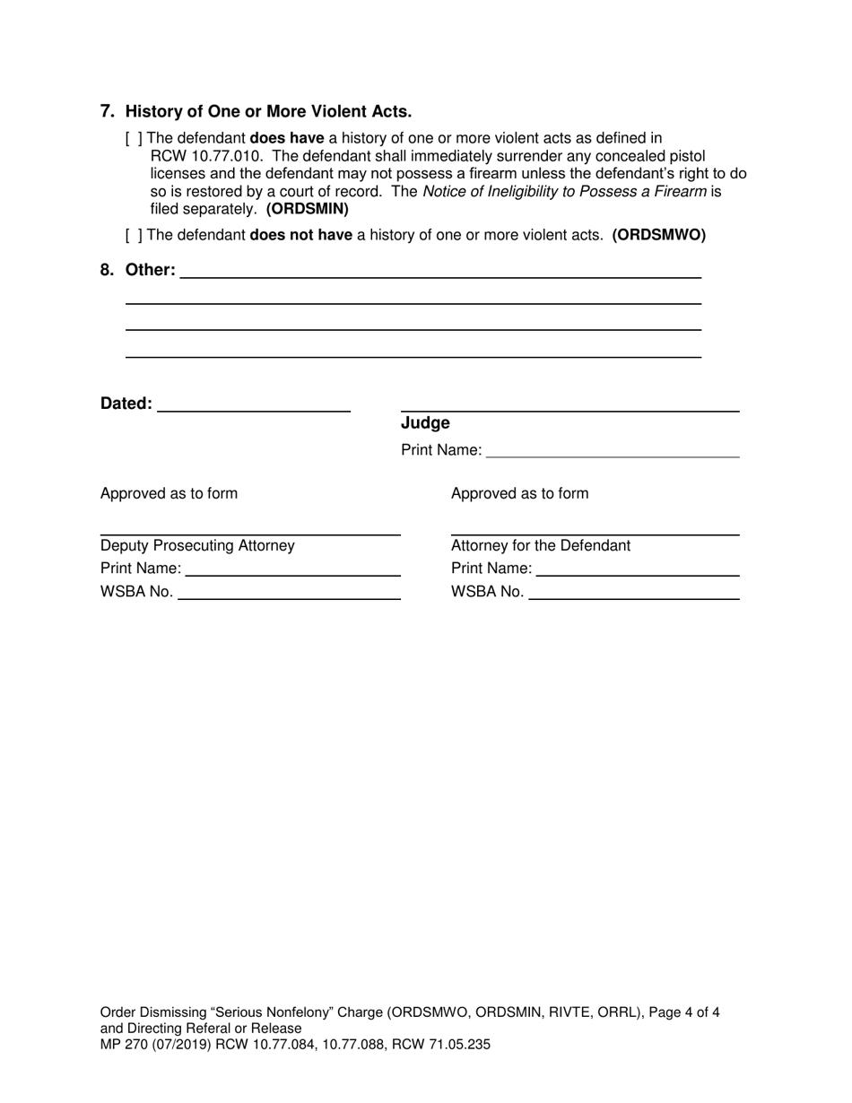 Form MP270 Order Dismissing serious Nonfelony Charge and Directing Referral or Release - Washington, Page 4