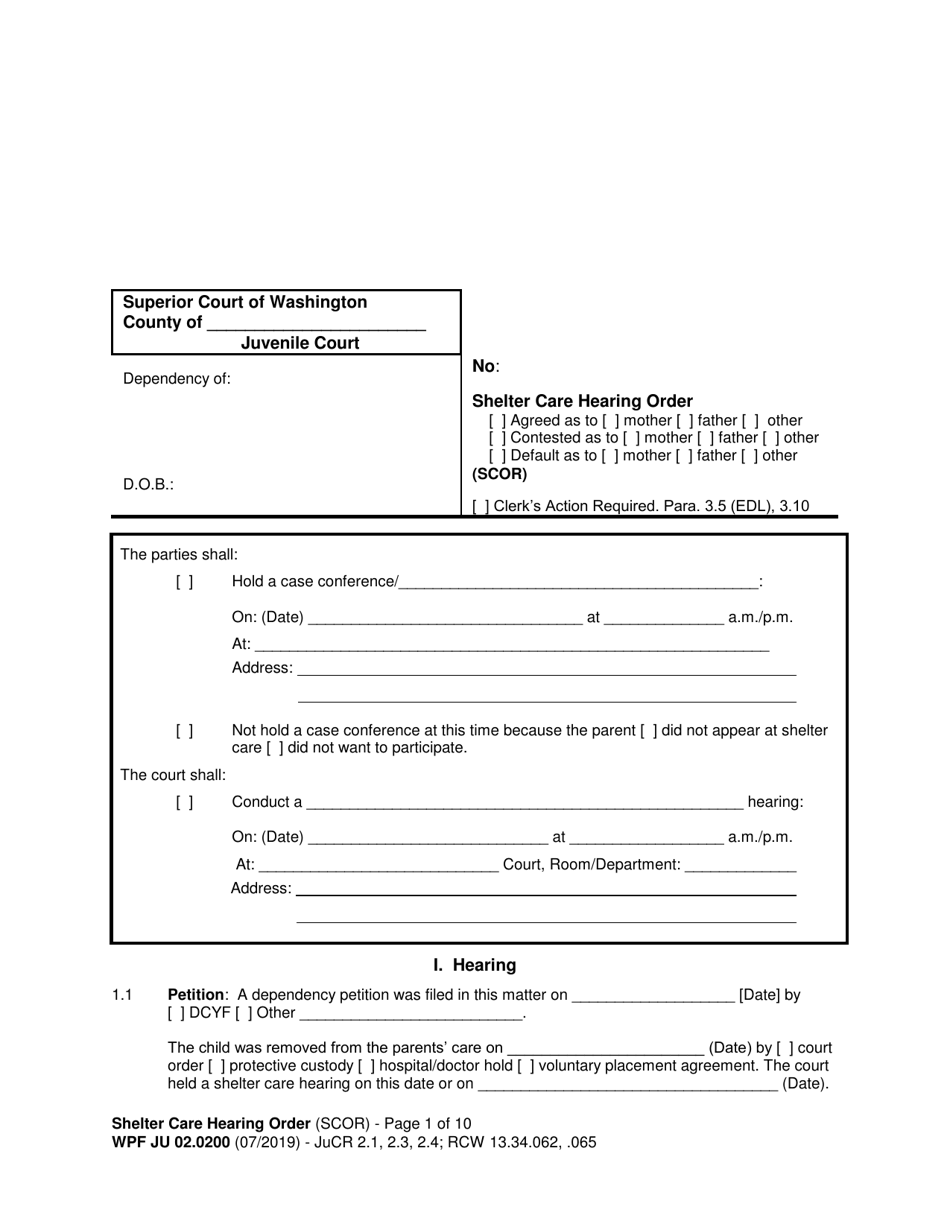 Form WPF JU02.0200 Shelter Care Hearing Order (Scor) - Washington, Page 1