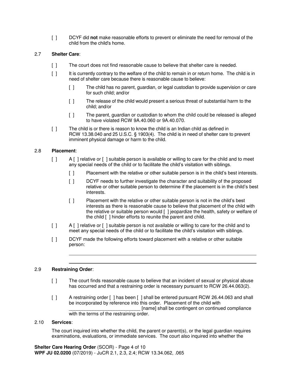 Form WPF JU02.0200 Shelter Care Hearing Order (Scor) - Washington, Page 4