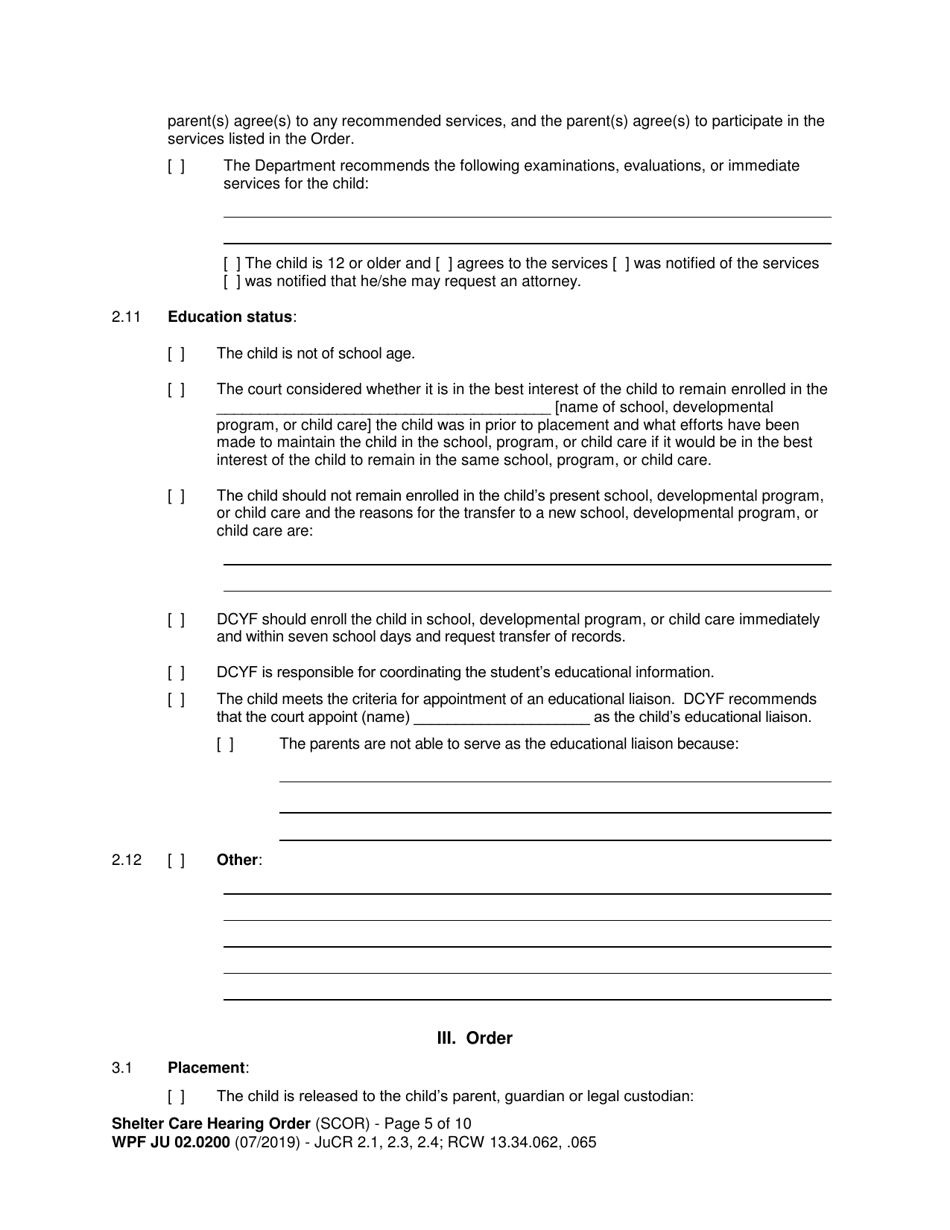 Form WPF JU02.0200 Shelter Care Hearing Order (Scor) - Washington, Page 5