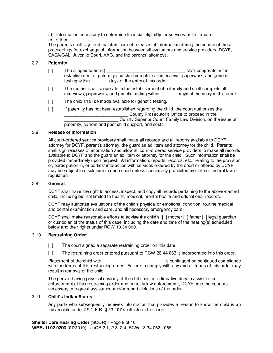Form WPF JU02.0200 Shelter Care Hearing Order (Scor) - Washington, Page 8