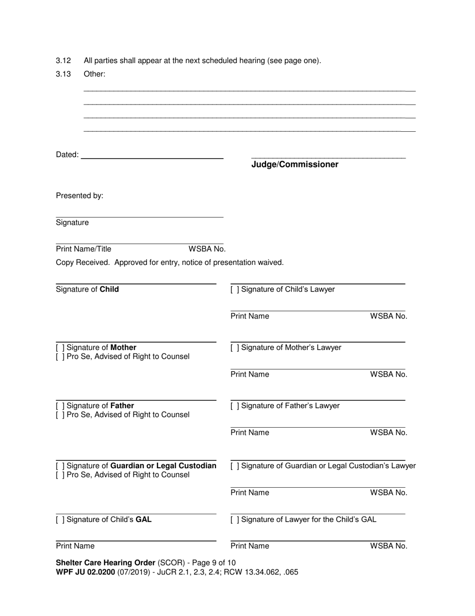 Form WPF JU02.0200 Shelter Care Hearing Order (Scor) - Washington, Page 9