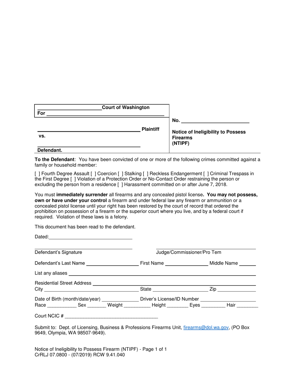 Form CrRLJ07.0800 Notice of Ineligibility to Possess Firearm (Ntipf) - Washington, Page 1