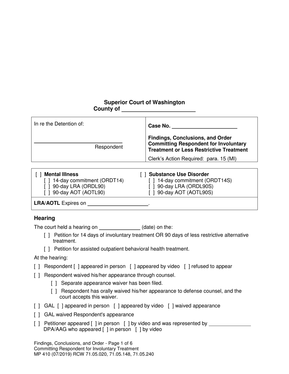 Form MP410 Findings, Conclusions, and Order Committing Respondent for Involuntary Treatment or Less Restrictive Treatment (14-day, 90-day LRA, 90-day Aot) - Washington, Page 1
