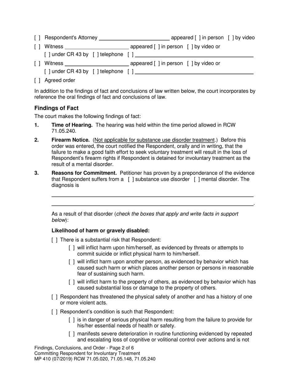 Form MP410 Findings, Conclusions, and Order Committing Respondent for Involuntary Treatment or Less Restrictive Treatment (14-day, 90-day LRA, 90-day Aot) - Washington, Page 2