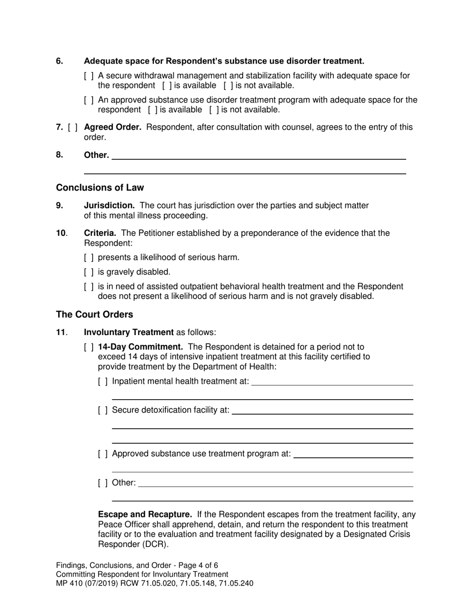 Form MP410 Findings, Conclusions, and Order Committing Respondent for Involuntary Treatment or Less Restrictive Treatment (14-day, 90-day LRA, 90-day Aot) - Washington, Page 4