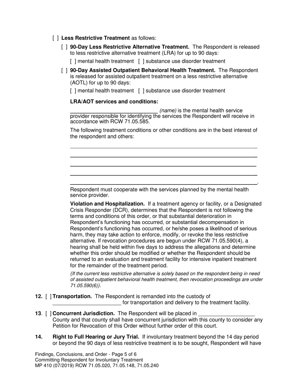 Form MP410 Findings, Conclusions, and Order Committing Respondent for Involuntary Treatment or Less Restrictive Treatment (14-day, 90-day LRA, 90-day Aot) - Washington, Page 5