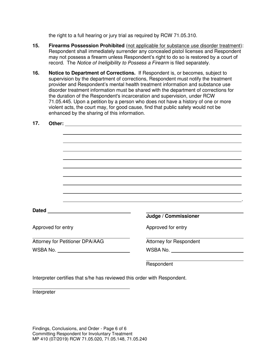 Form MP410 Findings, Conclusions, and Order Committing Respondent for Involuntary Treatment or Less Restrictive Treatment (14-day, 90-day LRA, 90-day Aot) - Washington, Page 6