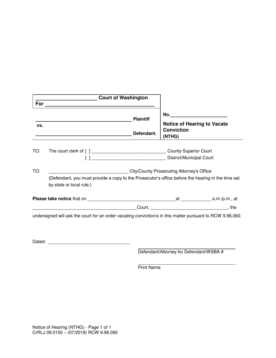 Form CrRLJ09.0150 Notice of Hearing to Vacate Conviction (Nthg) - Washington, Page 1